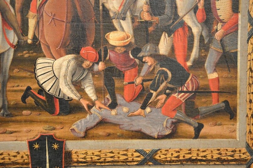 Несение креста. Вичино да Феррара. 1480-1490. Фрагмент. Легионеры разыгрывают одежду Христа в кости. Чем не Глюкхауз?