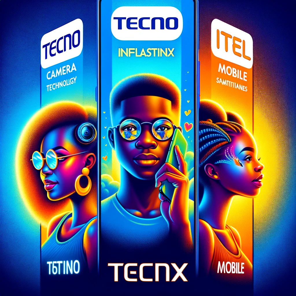 На этом изображении показаны отдельные рыночные направления компаний Tecno, Infinix и iTel Mobile. Каждый бренд представлен со своими уникальными сильными сторонами, что подчеркивает инновации Tecno в области фототехники, привлекательность Infinix для молодежного рынка и нацеленность iTel Mobile на надежные и экономичные решения.