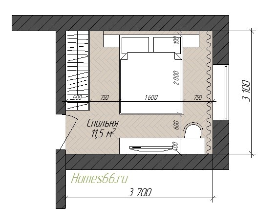 Минимально-удобный размер спальни. Кровать 1600 мм