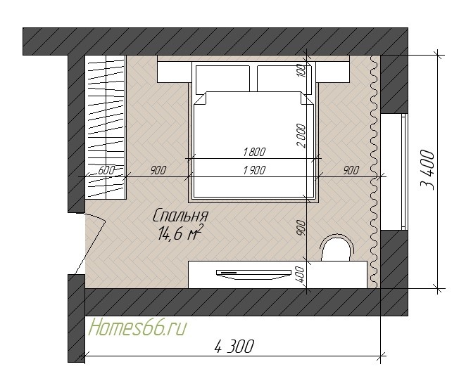 Удобный размер спальни. Матрас 1800мм. 