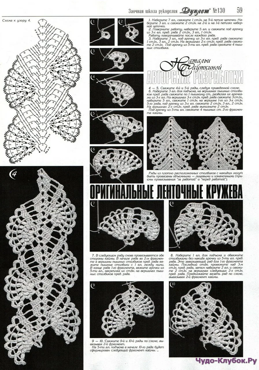 Ленточное кружево крючком схемы