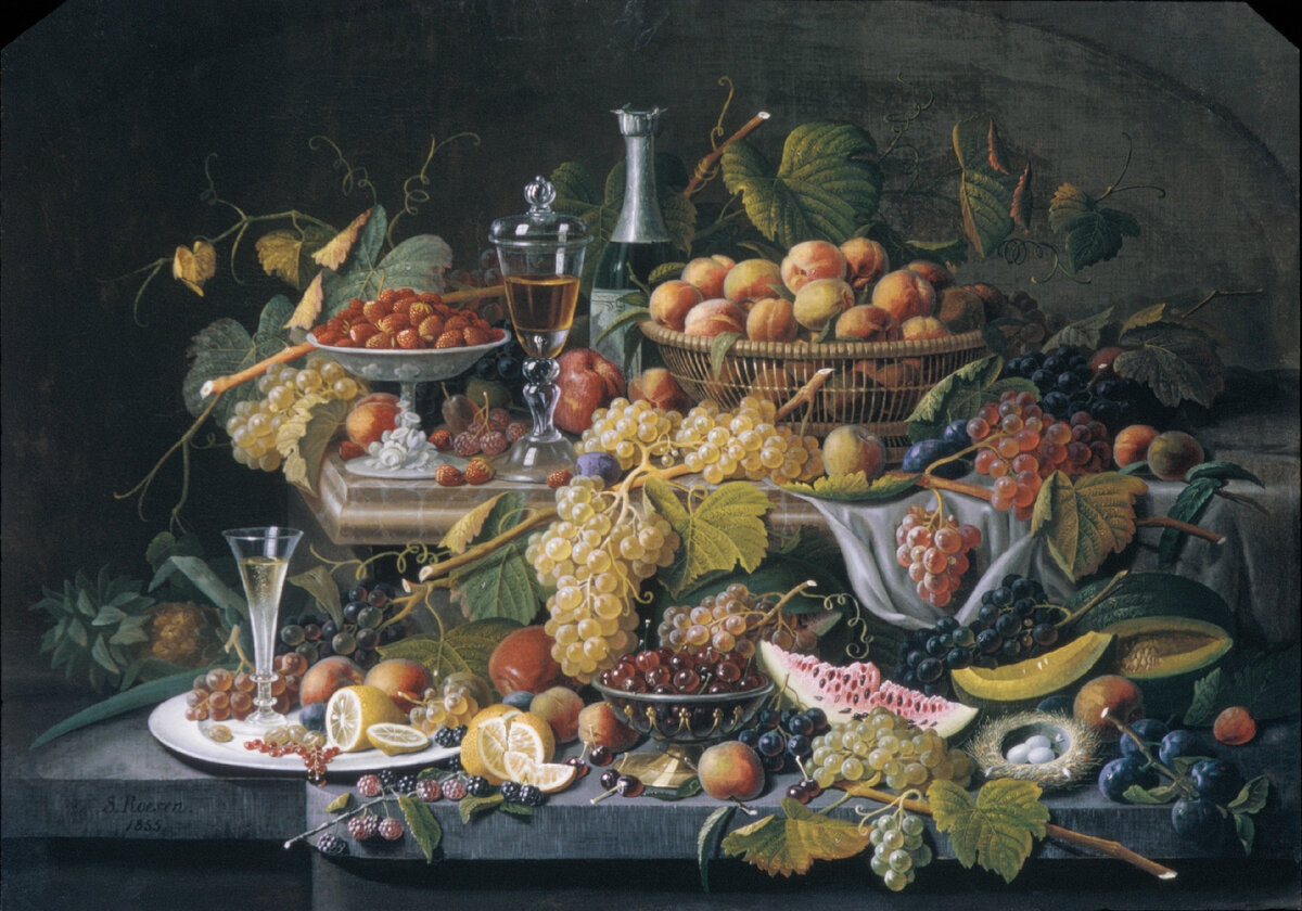 Severin Roesen. Натюрморт с фруктами и напитками. Холст, масло. 1855 г.