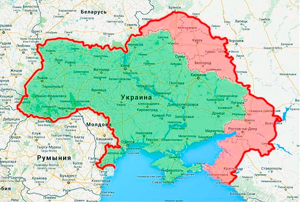Карта россии и украины с границами 2024