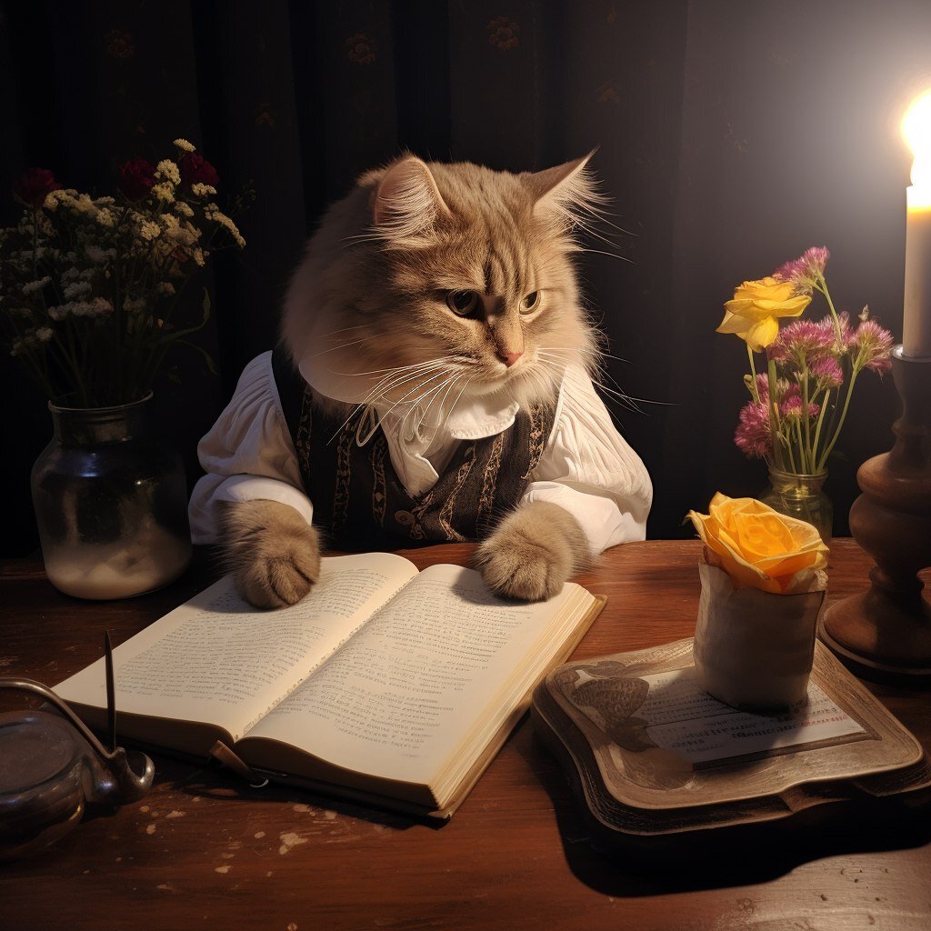 У кота лапки, но дневник он ведет. Нейросеть Midjourney.