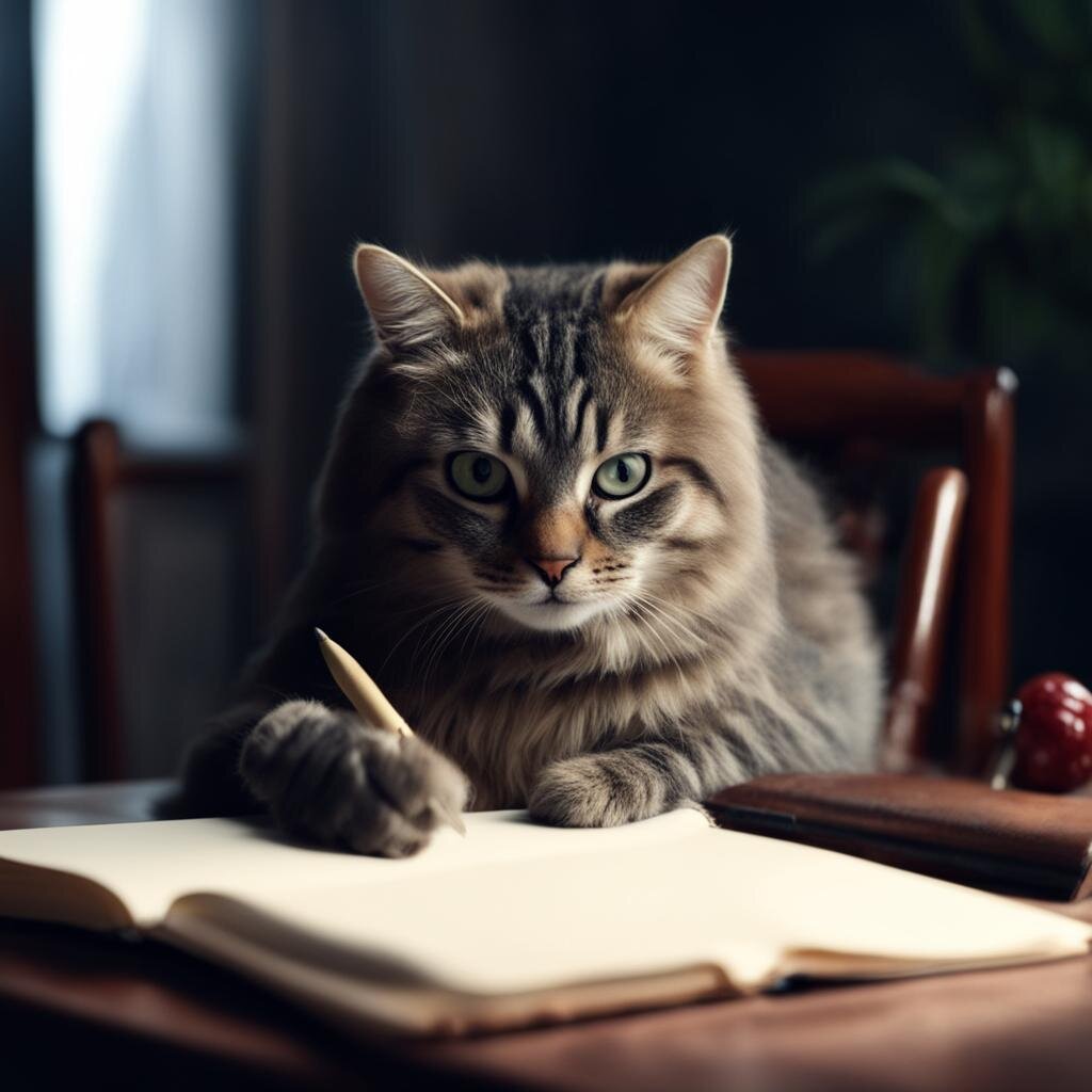 Кот пишет в дневнике. Нейросеть Kandinsky 3.0.