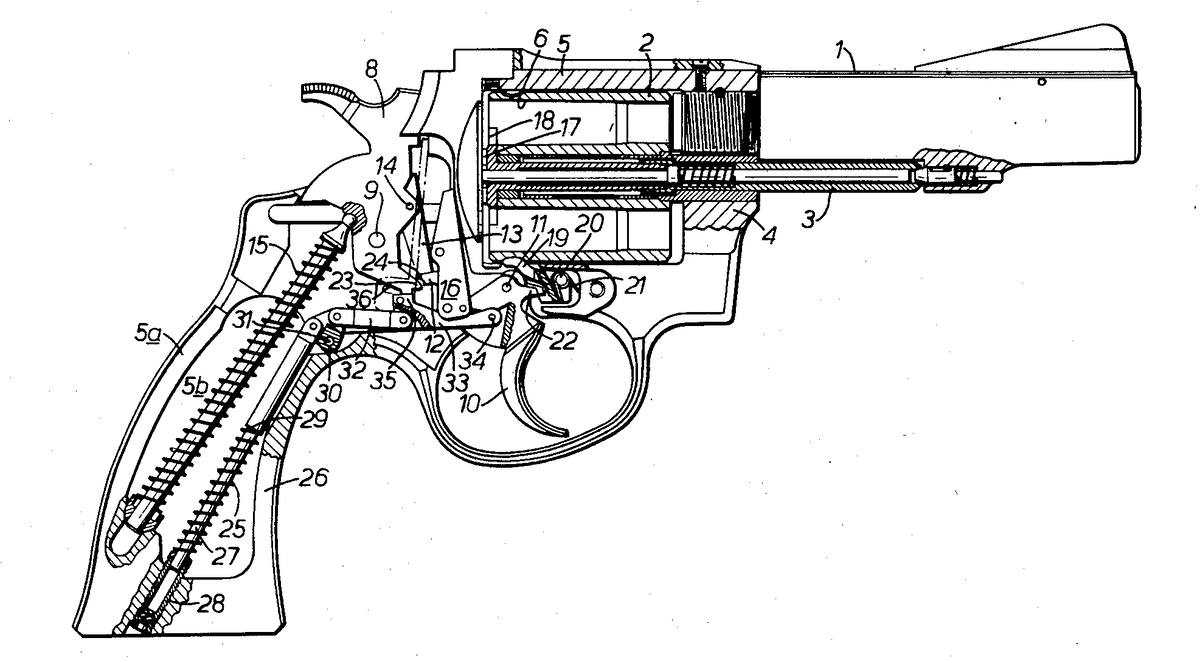 Схема револьвера с УСМ конструкции Хорста Рёха из патента US4384422 от 24.05.1983
