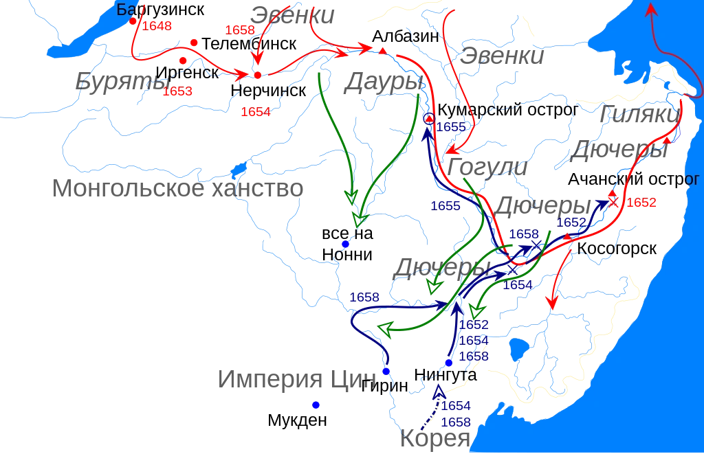 Карта продвижения казаков на Дальнем Востоке. Взято из открытых источников