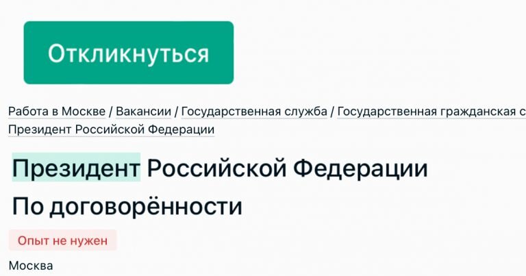 Вакансия на должность президента Российской Федерации появилась на сайте Superjob. Кандидату предлагают «белую» зарплату и личный самолет, полное содержание за счет государства для него и членов семьи.