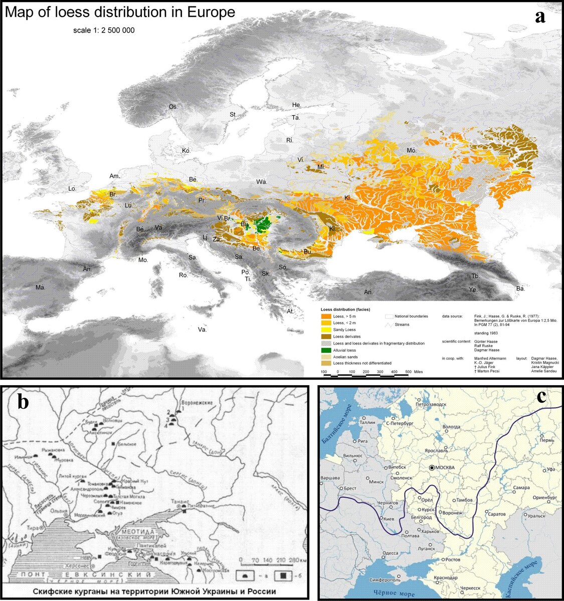 Рис. 4. a - карта распределения лёссовых отложений в Европе; b - схема расположения скифских курганов на территории Украины и юга России; c - граница максимального покровного материкового оледенения в Восточной Европе.