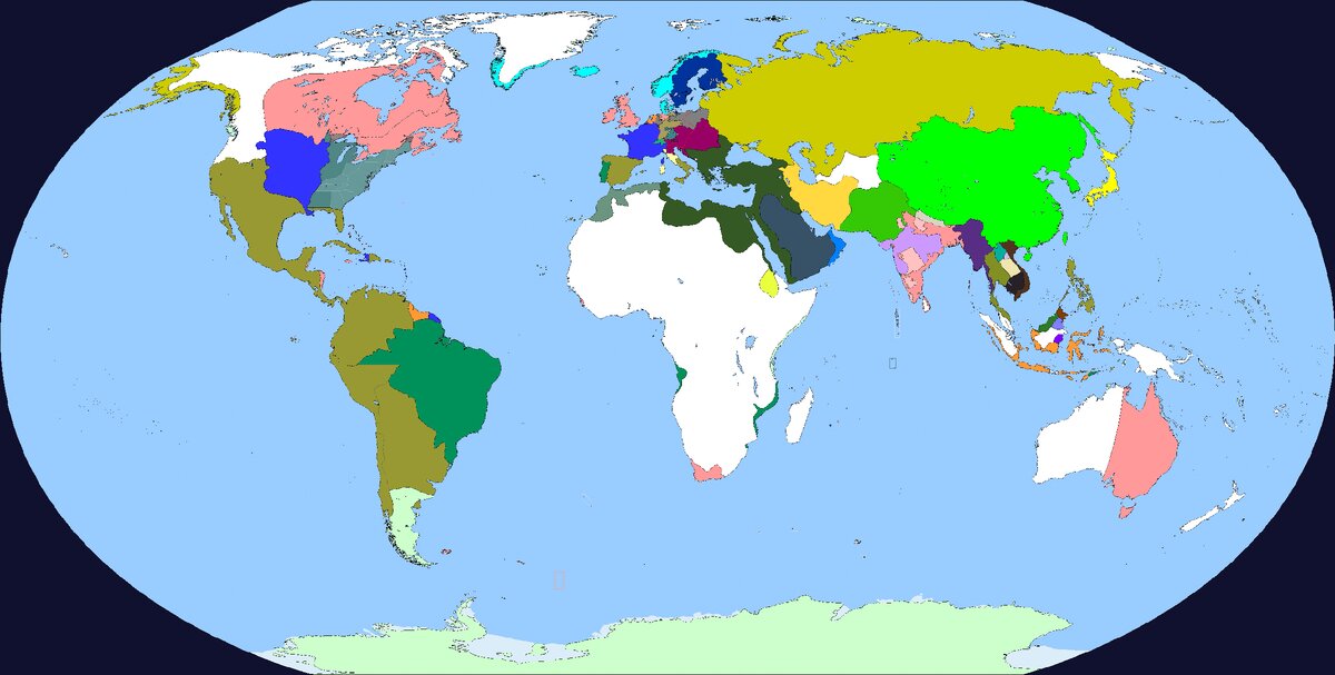 Карта мира в 1812, крупнейшие страны: Испания, Россия, Китай, Англия и Османы.