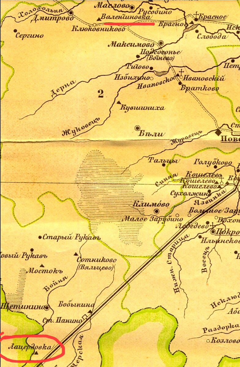 Фрагмент карты Старицкого уезда Тверской губернии 1890г.. Сельцо Лацердовка  расположено в левом нижнем углу, Валентиновка- в верхней части.
