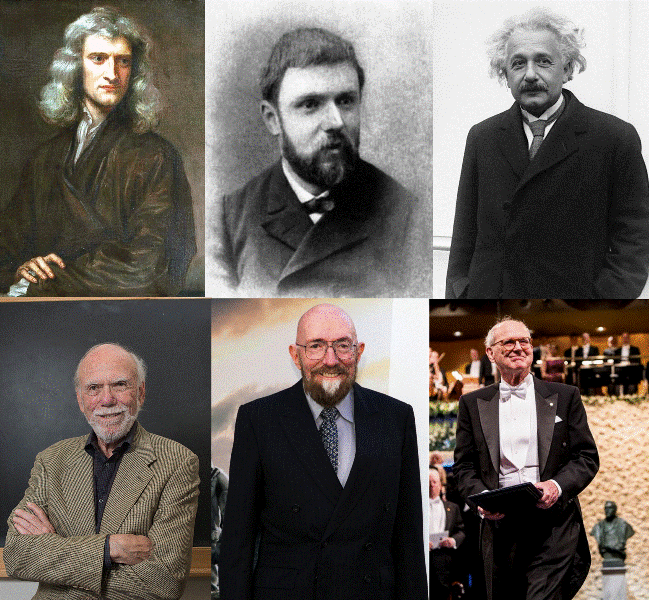 Основоположники гравитационно-волновой астрономии: Исаак Ньютон, Анри Пуанкаре, Альберт Эйнштейн, Барри Бэриш, Кип Торн, Райнер Вайсс