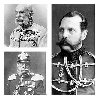 "Союз трёх императоров". Александр II (справа), Франц Иосиф I (сверху), кайзер Вильгельм I.