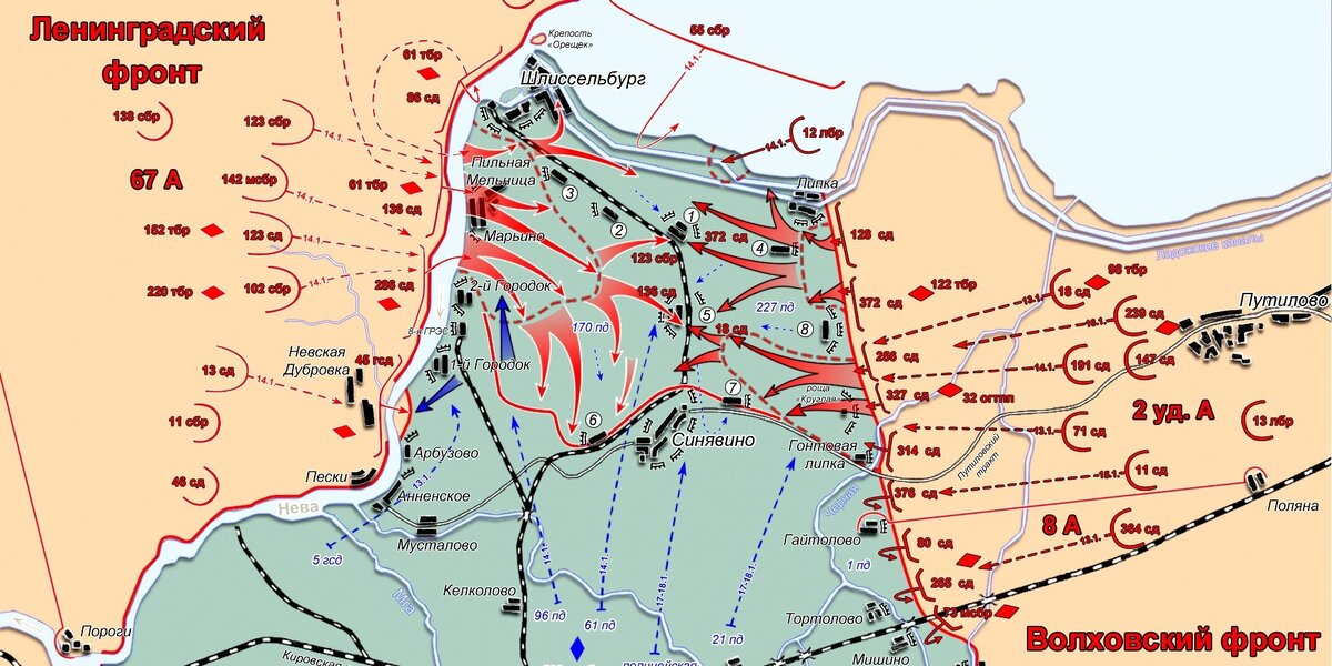 На фото пунктиром показано положение дел на 13.01.43 года.