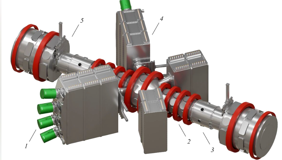 Общий вид стартовой конфигурации установки ГДМЛ. 1 – инжектор атомарного пучка, 2 – соленоид и вакуумная камера центральной секции, 3 – криостат модуля магнитной пробки, 4 – камера нейтральной инжекции, 5 – камера и катушки расширительной секции