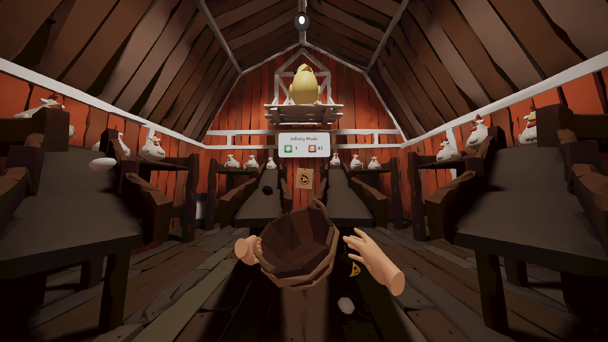 В виар-игре нужно ловить в корзинку яйца, которые катятся всё быстрее. Игрок занял место волка в центре