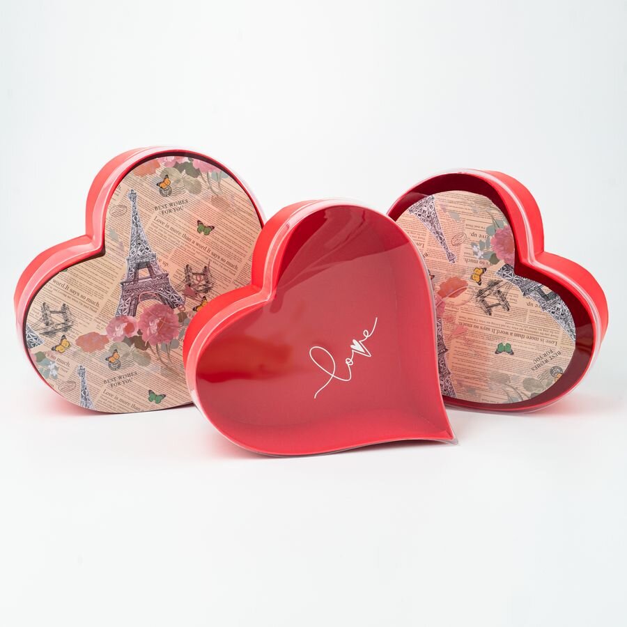 Набор коробок 3в1 сердце 25x26,5x11,5 / 23x24,5x10 / 21x22,5x8,5см, с прозрачной крышкой, узкий нос, 