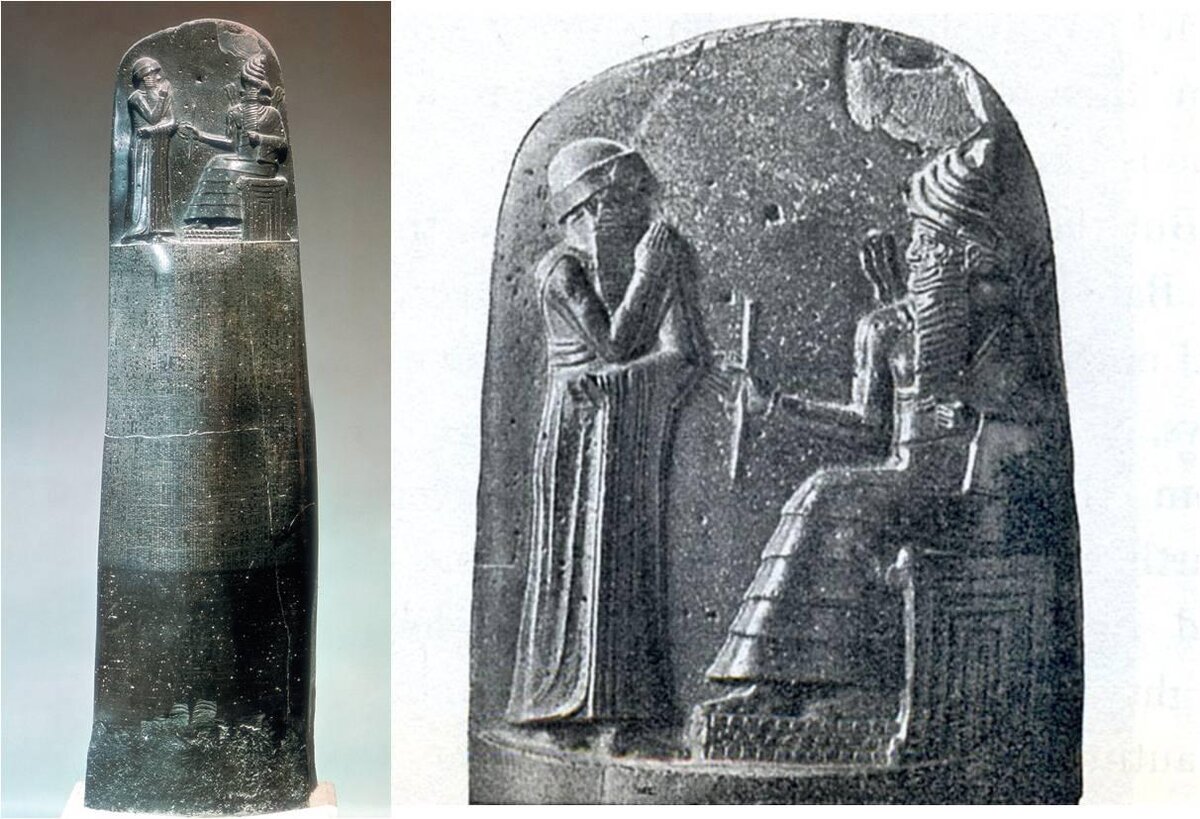 Стела (колонна). Хаммурапи изображает вавилонского царя, получающего от божества указание написать свод законов