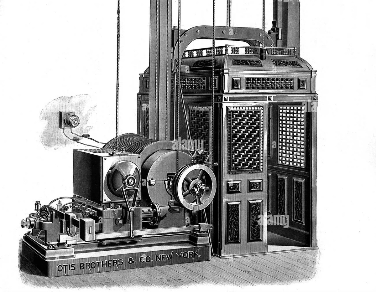 Первые электро. Первый электрический лифт Отис 1889. Лифт Элиша Отис. Первый паровой лифт 1857 года. 19 Век первые лифты.