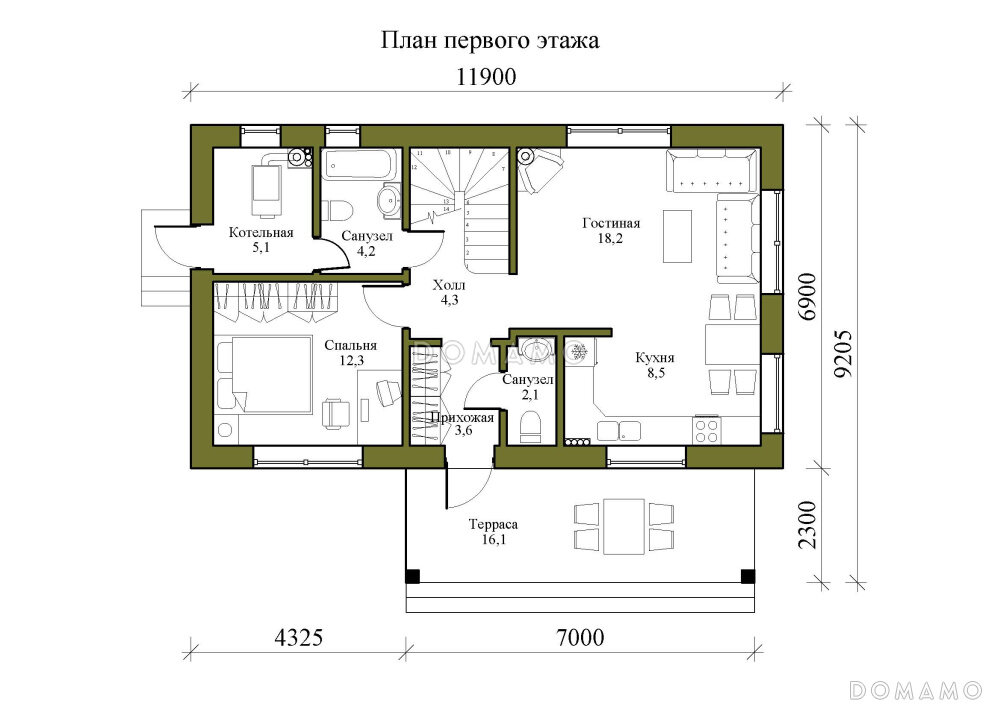 Одноэтажный компактный дом с 4 спальнями