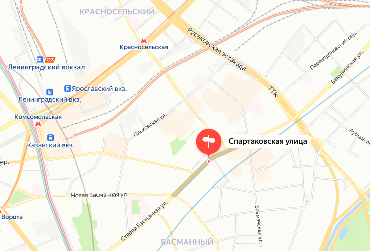 Спартаковская улица на карте современной Москвы. Яндекс.Карты.