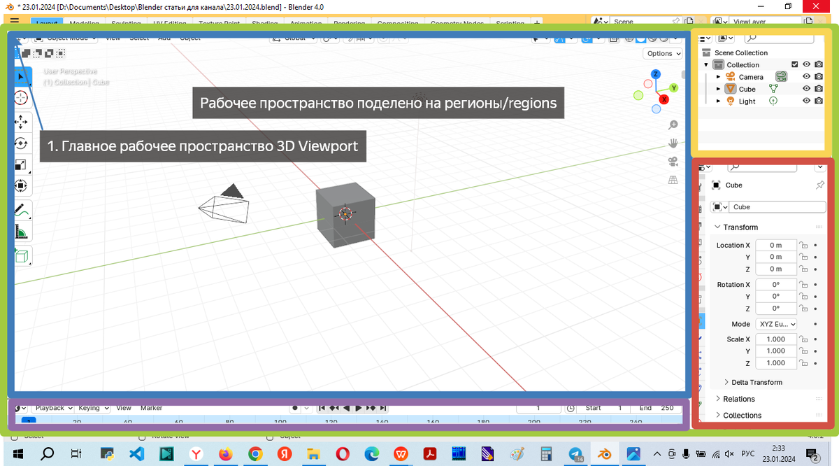 Первое знакомство с рабочим пространством в blender 4.0.2. Режим Object  mode | Изучаем Blender самостоятельно | Дзен