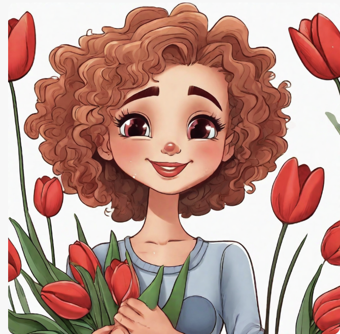 милая девочка со светлыми кудрявыми волосами держит в руках огромный букет красных тюльпанов