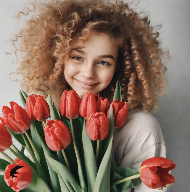 милая девочка со светлыми кудрявыми волосами держит в руках огромный букет