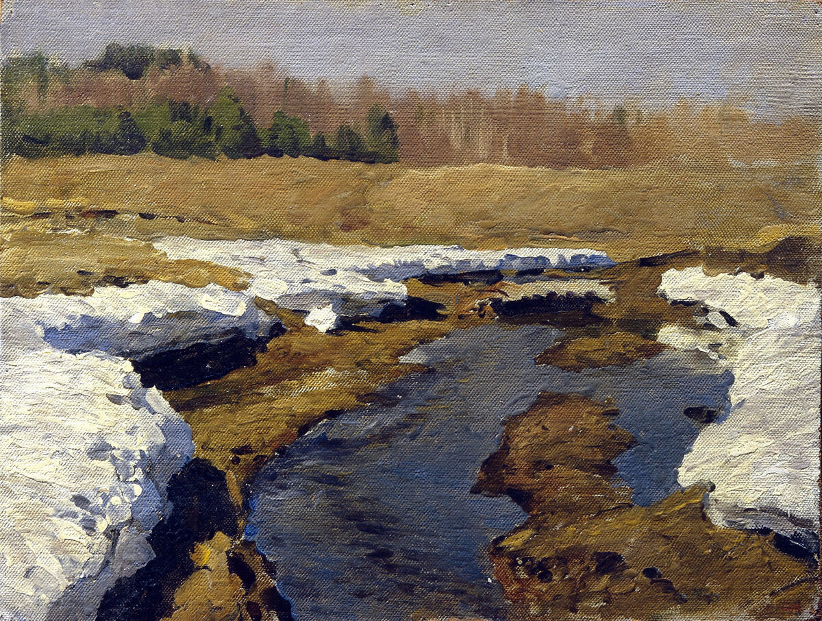 "Весна. Последний снег", И.И. Левитан, 1895. Русский музей, СПб. Этюд для одноименной картины того же года, находившейся в частной московской коллекции и украденной в 2018 году.