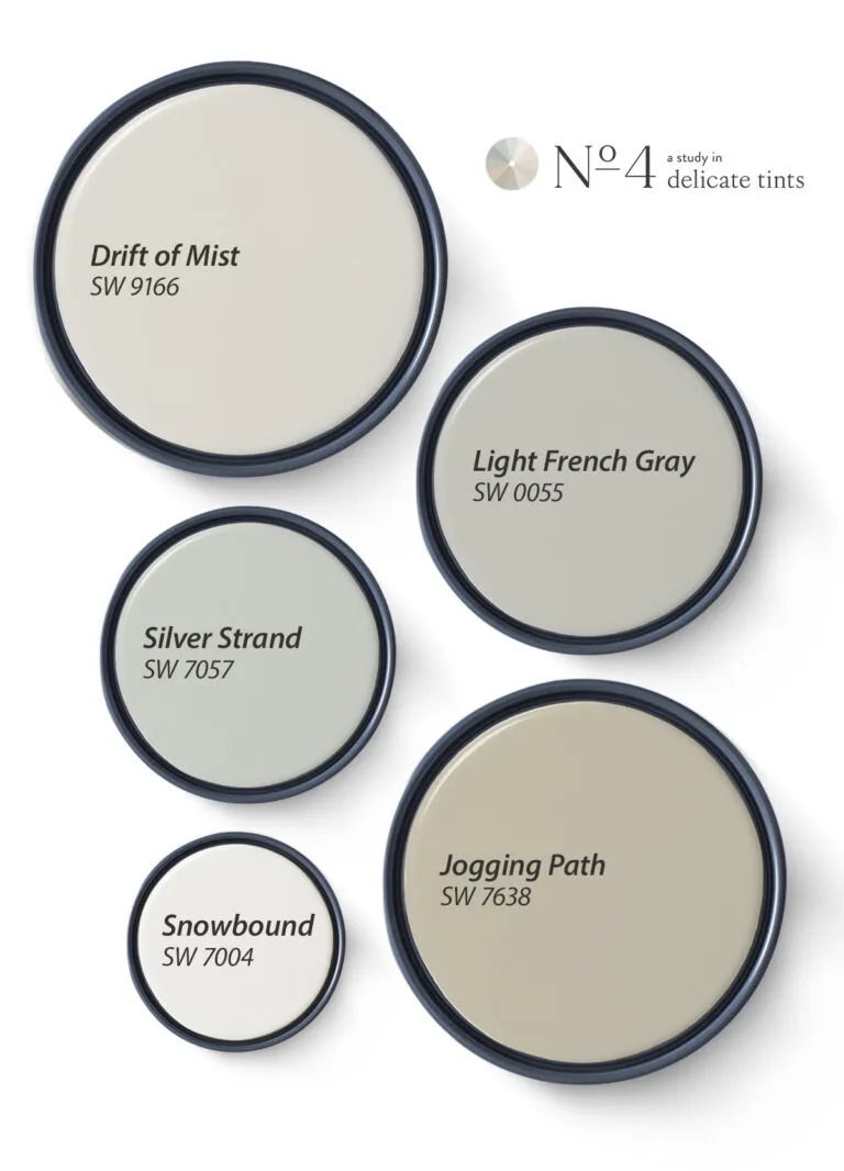 SW 9166 Drift of Mist, SW 0055 Light French Gray, SW 7057 Silver Strand, SW 7004 Snowbound, SW 7638 Jogging Path