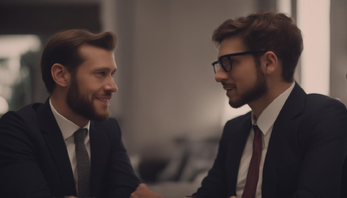 Результат генерации по запросу "Два парня разговаривают об инвестициях", стиль: 4k