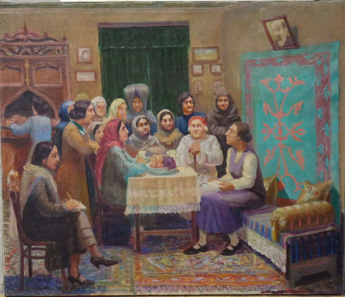 "Клара Цеткин беседует с горянками", холст-масло, 1940 г., художник М.К-М. Юнусилау