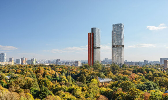 Неповторимый архитектурный облик новостройки создан специалистами бюро Kamen. Высота зданий – 42 этажа. Это стройные высотки с оригинальным фигурным остеклением.