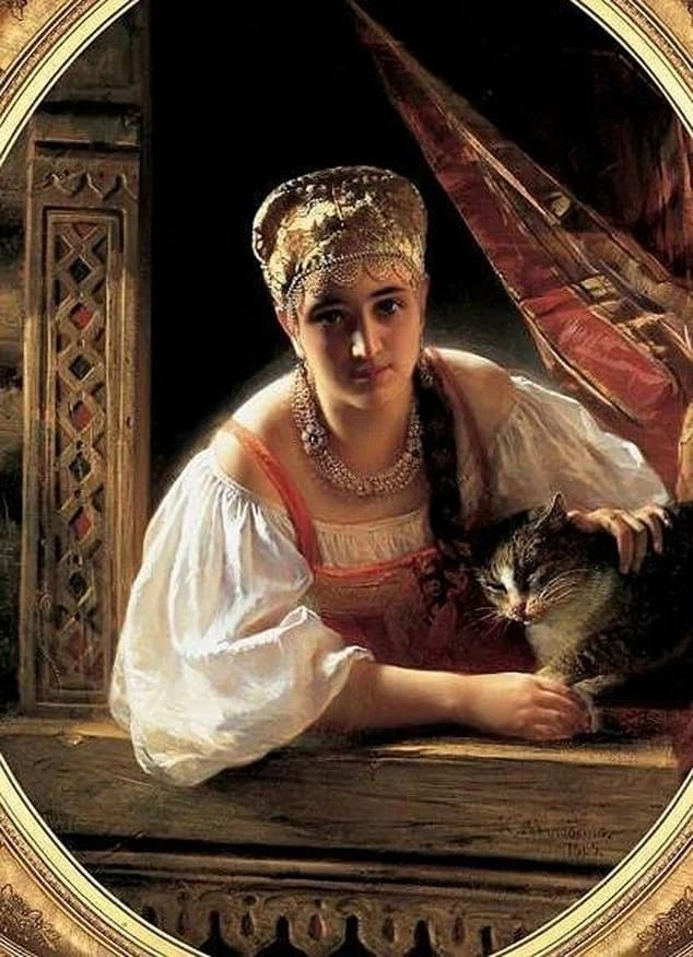 «Русская красавица и кот» – работа художника Константина Егоровича Маковского, 1865 год