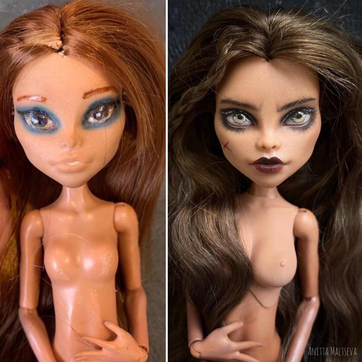 До и После перепрошивки волос и перерисовки личика куклы