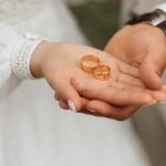    Golden bands in the hands of groom and bride, wedding day, front view admin