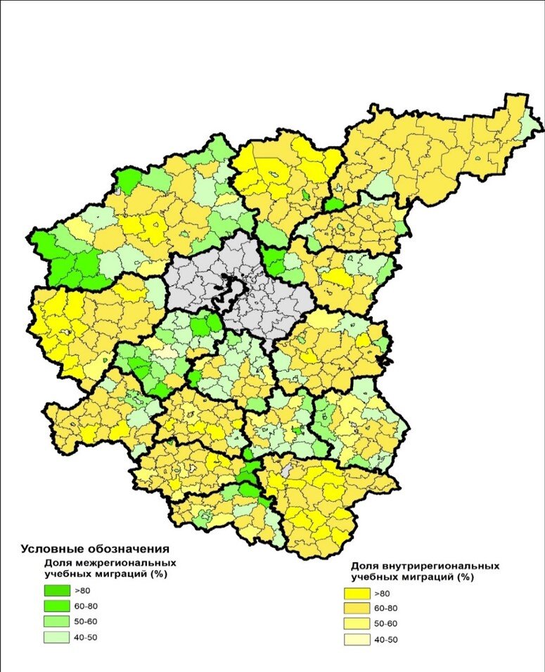 Доля внутрирегиональной и межрегиональной миграции в структуре выбывших по муниципальным образованиям ЦФО, усредненно за 2017 - 2019 (карта составлена студенткой геофака ТвГУ Полиной Фомкиной)