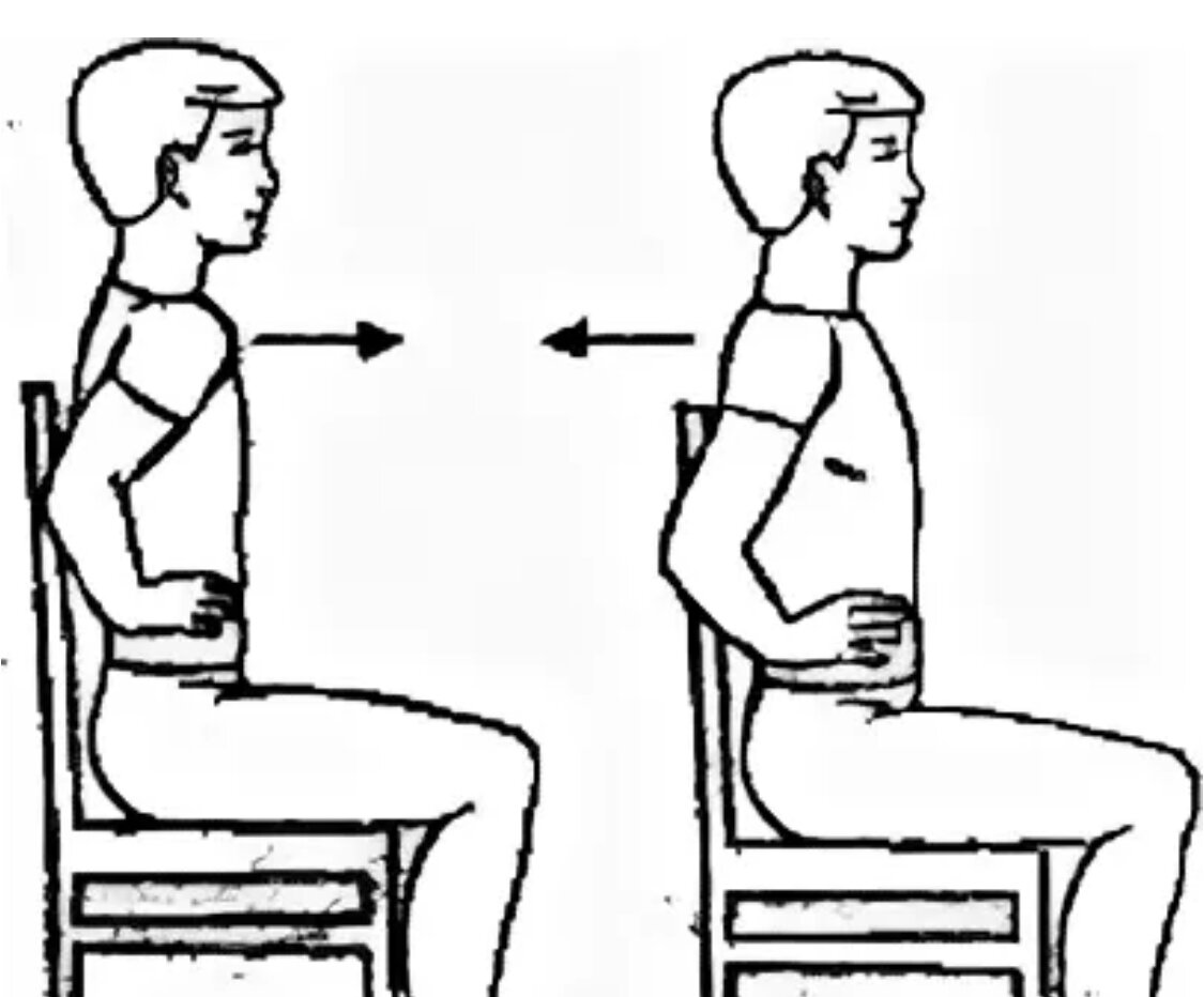 Упражнения сидя на стуле. Сидя на стуле руки на поясе. Сведение лопаток на стуле. Упражнения для осанки спины сидя на стуле.