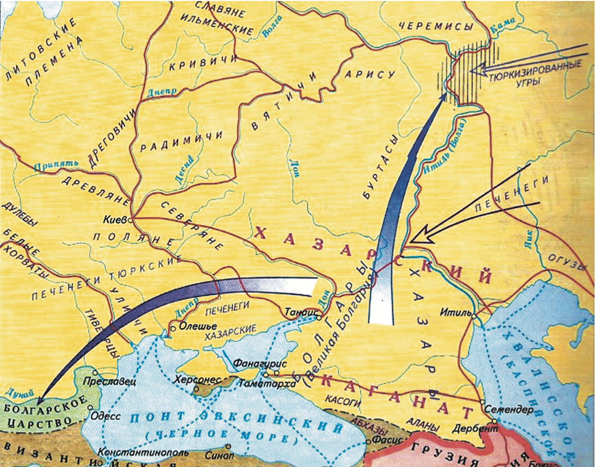 Схема переселения болгар из Великой Булгарии после разгрома Хазарским каганатом в VII веке