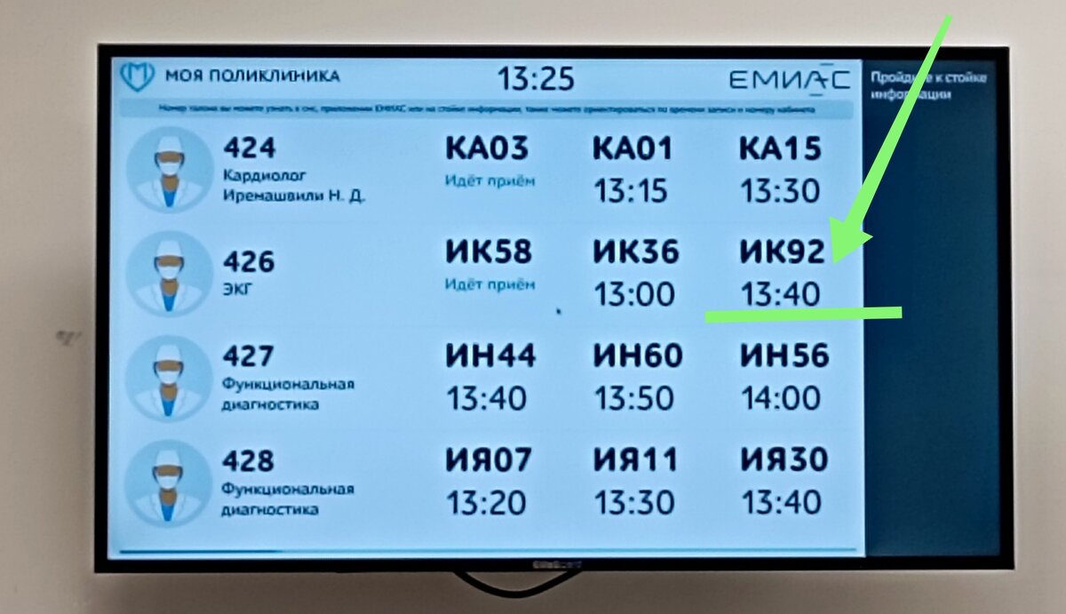 Вот такие табло появились после ремонта. Сидишь себе спокойно, ждёшь вызова. Где зелёная стрелочка - мой номер талона и моё время. Фото автора.