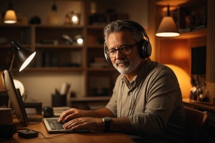 Видеомонтаж. Фрилансер бизнесмен. Ноутбук для дизайнера. Человек с гарнитурой. Аватарка для фрилансера.