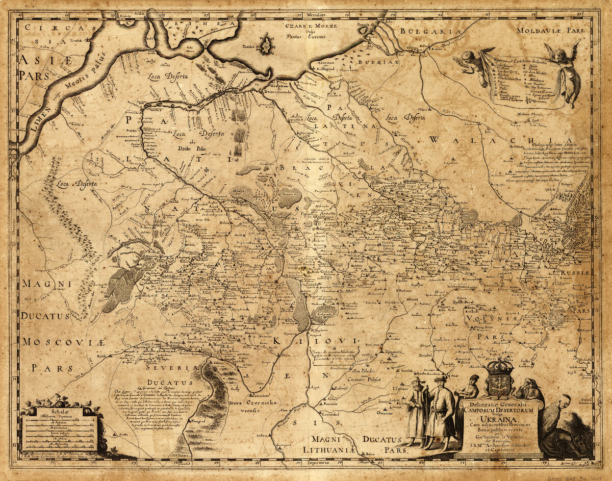 Карта территории Украины по описаниям де Боплана, 1648. «Общий набросок пустынных равнин, в просторечии Украина, с прилегающими провинциями»
