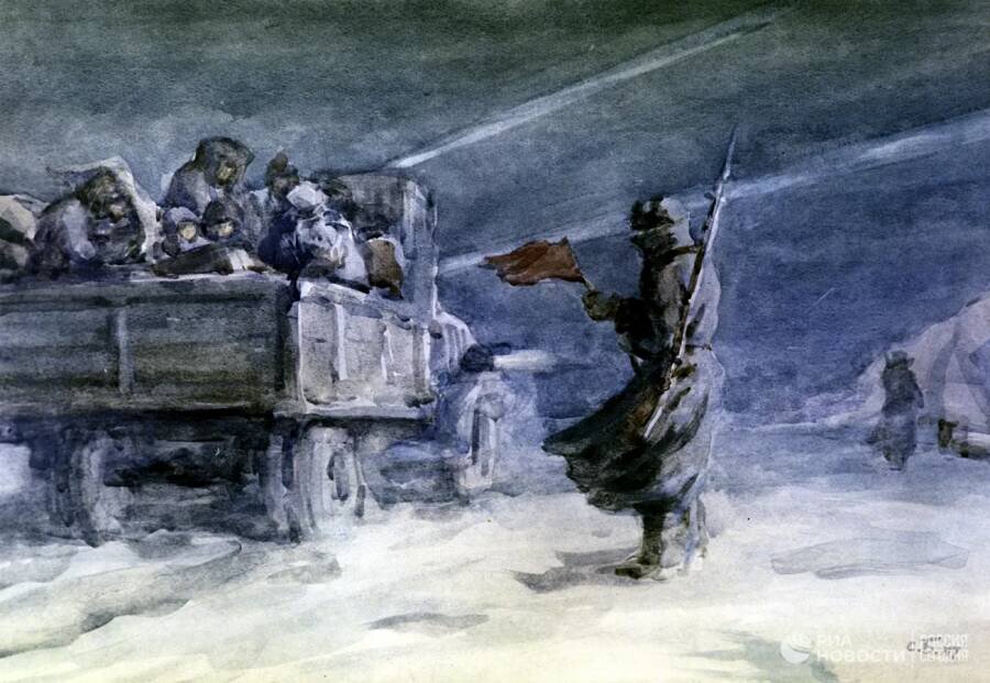 Репродукция картины «дорога жизни». Художник С.С. Бойм. Источник: ria.ru