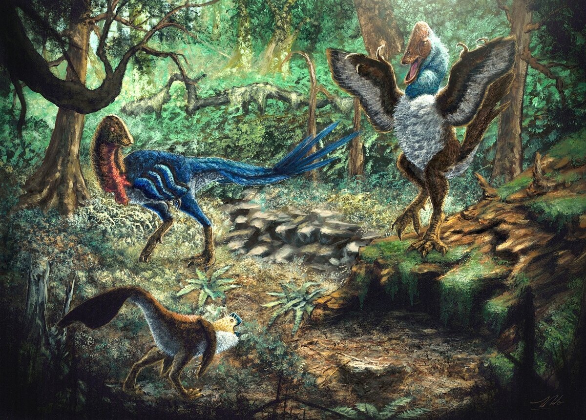 Eoneophron infernalis (вверху слева), Anzu wyliei (справа) и еще один ценагнатид (внизу слева) в формации Хелл-Крик. Изображение от Zubin Erik Dutta.