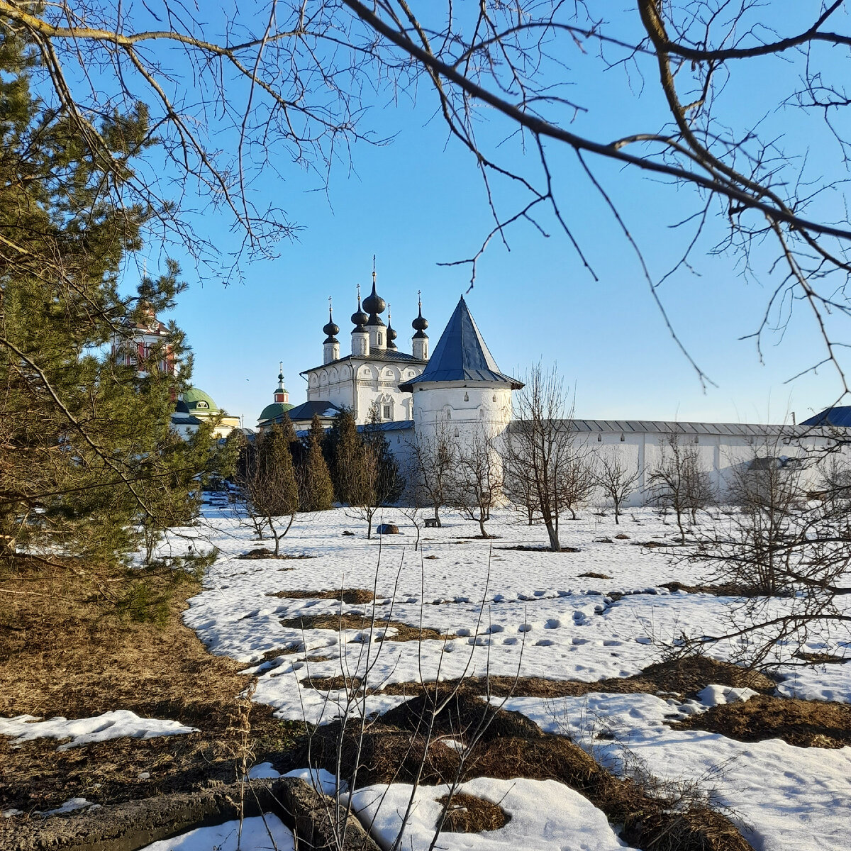 Троицкий Белопесоцкий монастырь. Весной перед ним ещё и сады цветут.