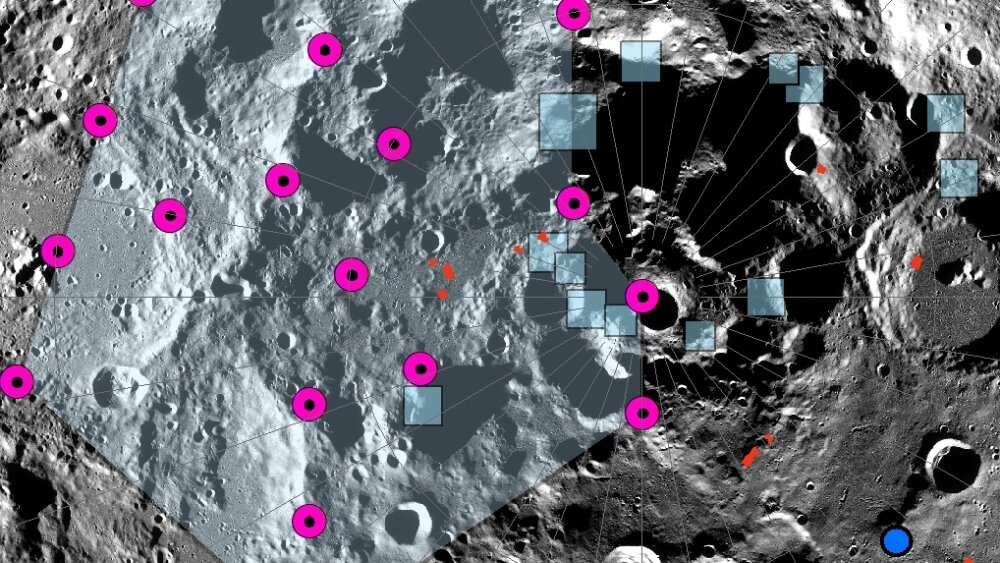    Фото: NASA/LRO/LROC/ASU/Smithsonian Institution, Розовые круги - вероятный эпицентр мощного лунотрясения, голубой - предполагаемое место посадки "Артемиды"
