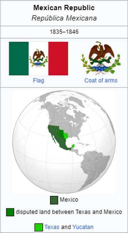 Мексиканская Республика (темно-зеленый цвет) с отколовшимися от нее Техасом и полуостровом Юкатан (светло-зеленый цвет)