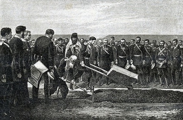 Церемония 19 мая 1891 г. Николай Александрович с тачкой