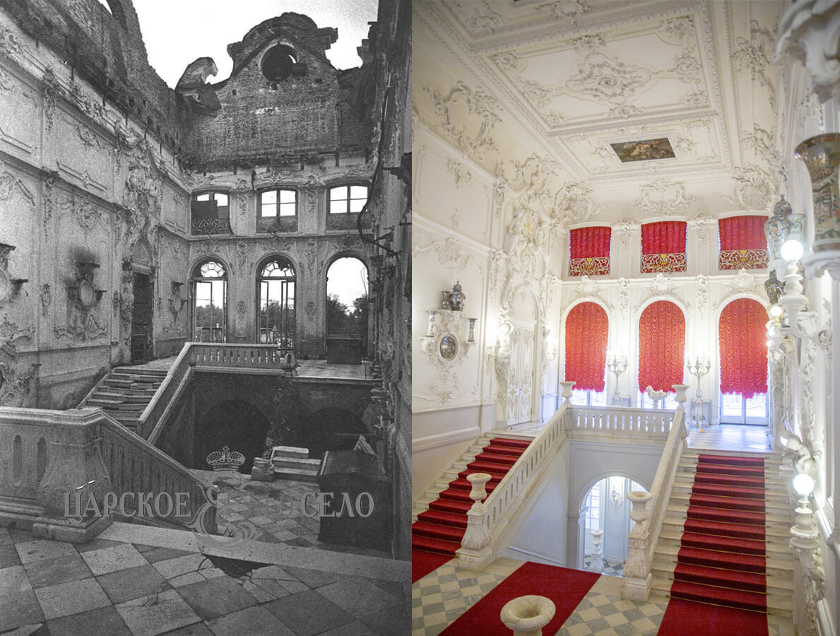 Парадная лестница Екатерининского дворца. Коллаж: 1944 и 2023 годы. Фотографии из коллекции ГМЗ «Царское Село»
