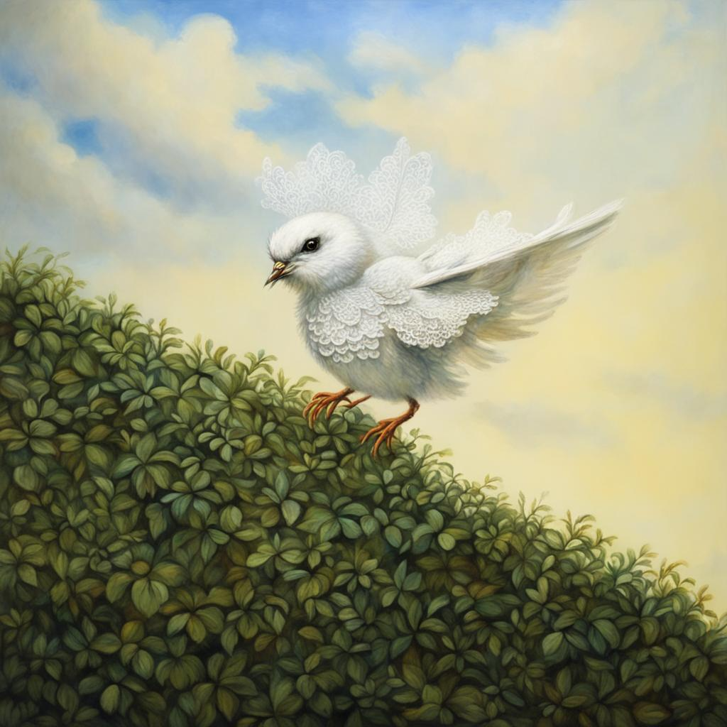 пока всё хорошо. Птица, действительно, в белых кружевах. А шиншилловые меха, видимо, просто свалились, когда она на изгородь взлетала